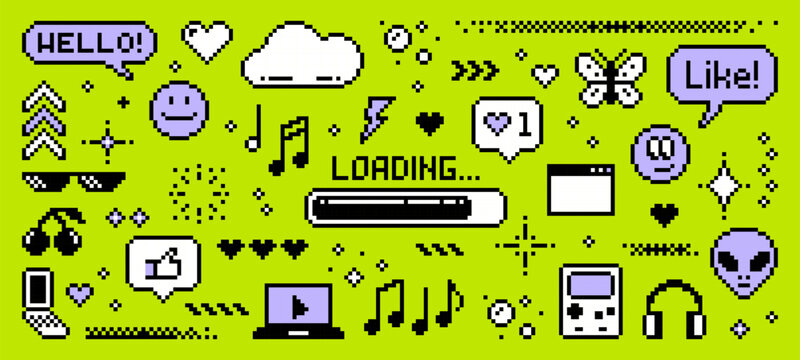 A diverse y2k pixel art icon collection. Pixelated internet, video game, and music symbols for digital design. Vector graphics.