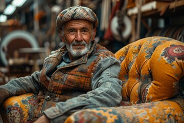 A portrait of an elderly man seated comfortably in a vintage armchair, showcasing the beauty of age, experience, and the comfort of home in a nostalgic setting.