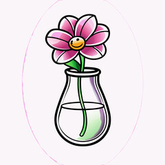 Happy Flower in Glass Vase - Cute Cartoon Illustration