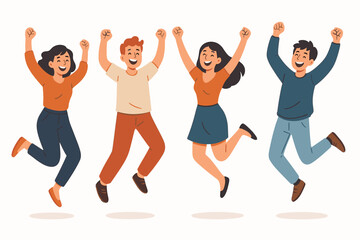 Happy people jumping. Group of joyful young friends celebrating success. Men and women characters cheering for victory. Teamwork achievement concept. Positive emotion vector set.