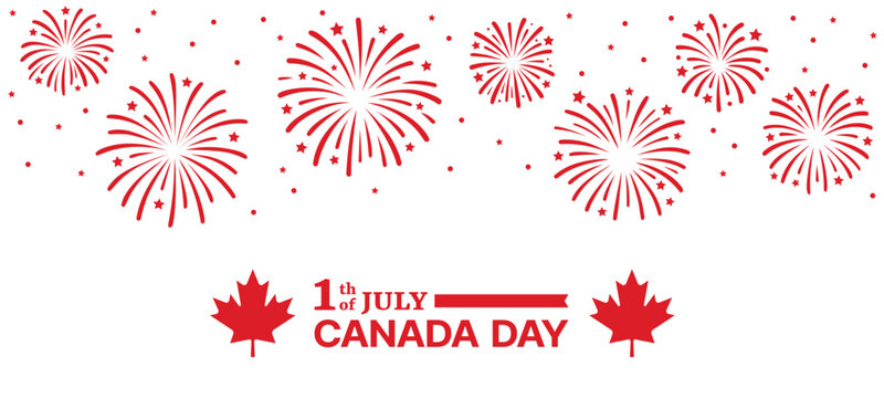 Red maple leaf with fireworks for 1st of July Canada Day celebration. National holiday banner design. Vector graphics.