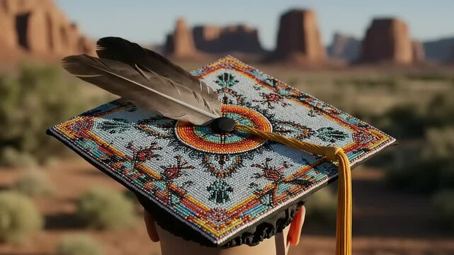 Graduation cap adorned with native american beadwork and feathers at Monument Valley