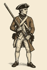 18th century soldier from the American Revolutionary War. Historical infantryman of the Continental Army in uniform holding a musket. Vintage military engraving style vector illustration.