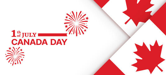Red Canada Day text logo with fireworks on a white banner. Celebration of Canadian national holiday with flag design. Graphic for greeting card. Vector graphics.