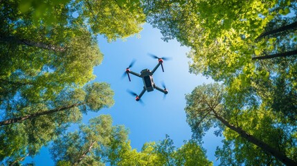 Drone Flying Above Forest Trees with Blue Sky
