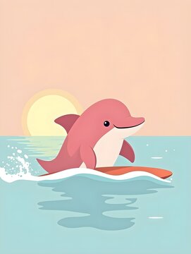 Cute Pink Dolphin Surfing Sunset Minimalist Beach Illustration.