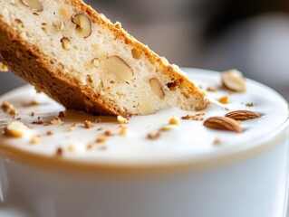 Biscotti dipped in a cup of creamy beverage with almonds on top  