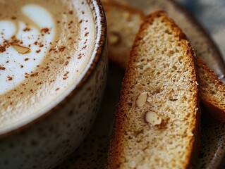 Coffee cup with biscotti on a plate in a cozy cafe setting. Macro  