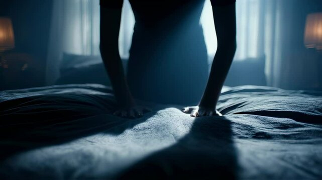 Shadowy silhouette of woman creeping cautiously across bed surface, barely visible through mysterious ambient illumination casting dramatic contrasts within darkened bedroom environment