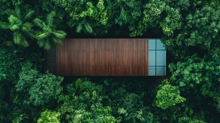 This breathtaking aerial shot reveals a sleek modern house nestled within lush greenery, blending seamlessly with nature, representing harmony between architecture and the environment.