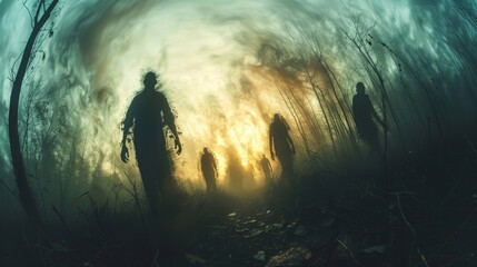 Strange, shadowy figures loom in a misty forest at dusk, creating an eerie atmosphere that's both haunting and intriguing, capturing a feeling of suspense and the unknown.