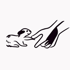 Hand Reaching Out to a Small Animal, Black and White Illustration