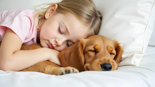 Little girl and brown dog are sleeping together in white bed. Blonde child rests calmly near furry pet with closed eyes. Peaceful nap time.