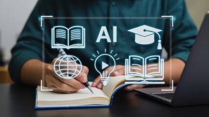 Person taking notes with educational icons overlayed.