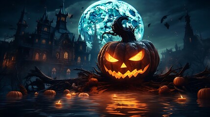 Halloween night pumpkin jack o lantern haunted house spooky season halloween background halloween scene dark