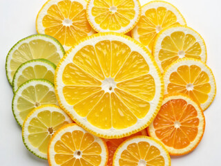 Sliced citrus fruits arranged in a perfect circle, top view.