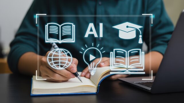 Person taking notes with educational icons overlayed.