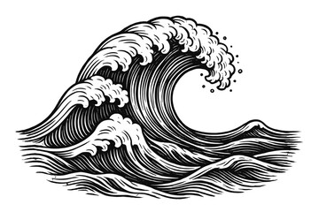 Great wave illustration in Japanese vintage woodcut style. Ocean sea storm with big waves. Ukiyo-e monochrome vector drawing. Black and white linocut art for tattoo or print.