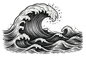 Japanese style ocean wave vector illustration. Great powerful sea storm in vintage monochrome woodcut or linocut art. Hand drawn nautical engraving isolated on white background.
