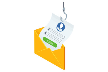 Isometric vector of a hooked login form pulled from an open yellow envelope by a fishhook, symbolizing hacker credential theft and deceptive phishing email. Phishing attack