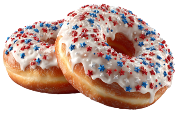 donut with icing and red blue star sprinkles, transparent background. America 4th of July celebration.