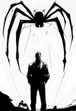 mostruosa creatua a forma di ragno minaccia un uomo solitario che cammina, a monstrous creature in the shape of a spider threatens a lonely man who is walking