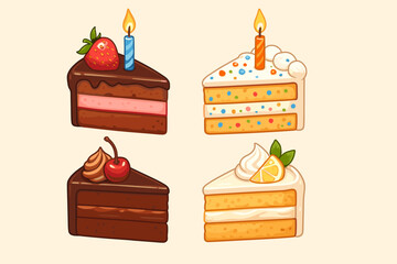 Birthday cake slices vector set. Cartoon dessert illustration collection. Chocolate strawberry, funfetti, Black Forest cherry, and lemon cake pieces with lit candles for a party.