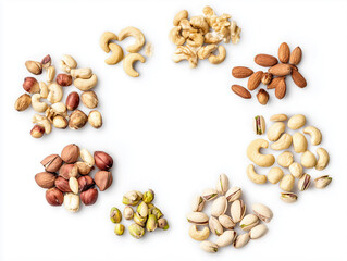 Assorted nuts arranged in circle, white background, diverse colors