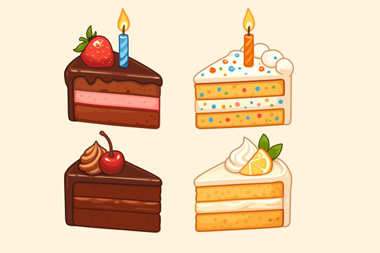 Birthday cake slices vector set. Cartoon dessert illustration collection. Chocolate strawberry, funfetti, Black Forest cherry, and lemon cake pieces with lit candles for a party.
