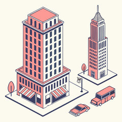 Stunning urban building icons and cityscape illustration collection, Vector illustration of city.