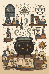 Witchcraft and alchemy concept. Wizard workshop vector illustration with magic items like cauldron, potion, spellbook, skull and pentagram. Esoteric and occult symbols set.