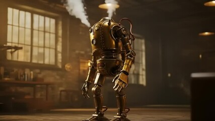 Steampunk-inspired robot standing in a dimly lit workshop, surrounded by tools and machinery - Powered by Adobe