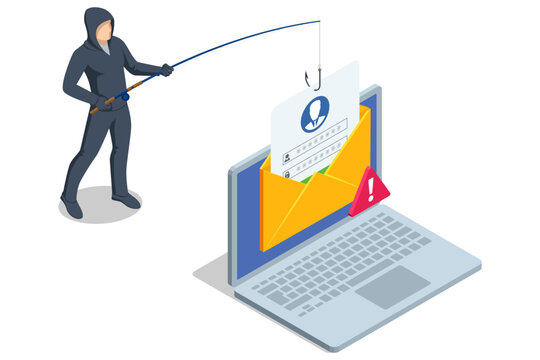 Isometric vector of a hooked login form pulled from an open yellow envelope by a fishhook, symbolizing hacker credential theft and deceptive phishing email. Phishing attack