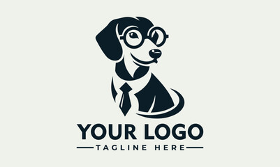 Stylized illustration of an intelligent dog head wearing large round glasses and a classic tie. Smart animal concept