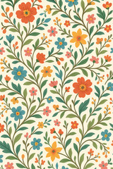 Vintage floral seamless pattern with stylized ditsy flowers and leaves. Retro botanical ornament in a cute folk art style. Decorative background for fabric, wallpaper, textile print.