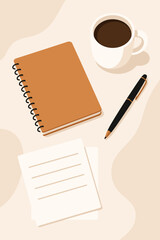 Minimalist workspace flat lay vector illustration. Top view of a clean desk with coffee cup, spiral notebook, pen, and paper. Concept for business, study, journaling, or planning.