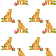 Vibrant cheetahs with tropical flowers and leaves pattern for decorative design.