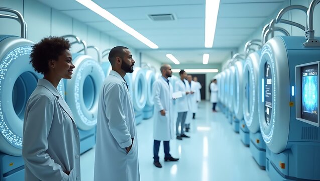 A diverse group of medical professionals in lab coats observing advanced technology in a sterile laboratory environment.