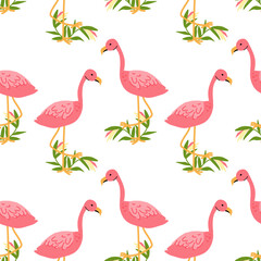 Tropical flamingo pattern with bird of paradise elements for textile design.