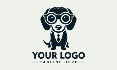 Stylized illustration of an intelligent dog head wearing large round glasses and a classic tie. Smart animal concept