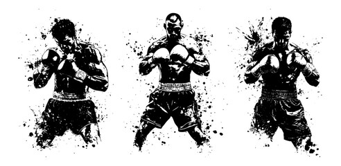 three fighters in dynamic boxing pose with ink splatter vector