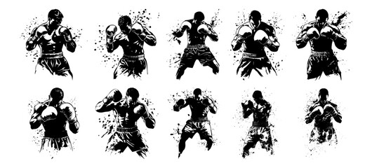 collection of boxing poses with splatter effect vector illustration