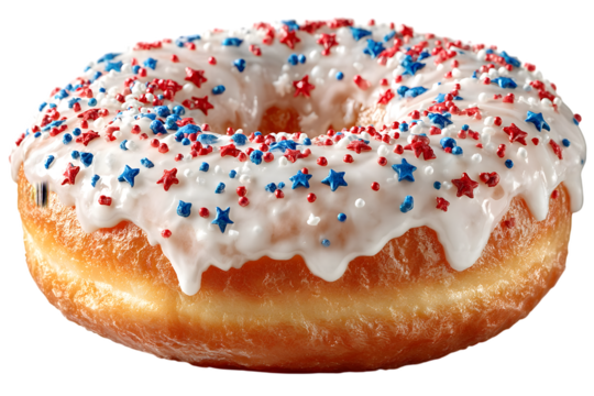 donut with icing and red blue star sprinkles, transparent background. America 4th of July celebration.