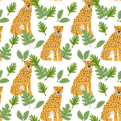 Tropical animal pattern with cheetahs and greenery for textile and wallpaper design.