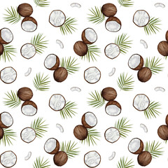 Seamless tropical coconut pattern. Hand-painted watercolor coconuts and palm leaves on white background. Perfect for summer textiles, beach-themed designs, wrapping paper, fabric, and wallpaper