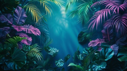 This image depicts a lush tropical jungle scene filled with vibrant green and purple foliage, evoking a sense of serenity and connection to nature's beauty and vitality.