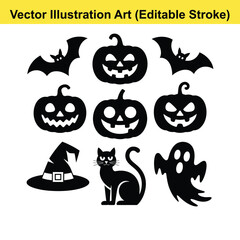 Halloween vector icons set black silhouettes. Halloween vector icons jack o lantern bats cat ghost witch hat