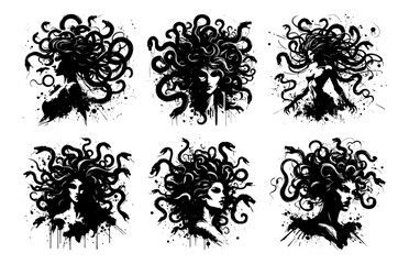 set of medusa heads in grunge ink mythology vector style