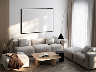 Frame mockup, ISO A paper size. Living room wall poster mockup. Interior mockup with house background. Modern interior design. 3D render
