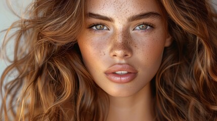 Fototapeta premium A striking portrait of a young woman with captivating freckles and glowing skin showcases natural beauty and confidence, celebrating diversity and uniqueness in appearance.